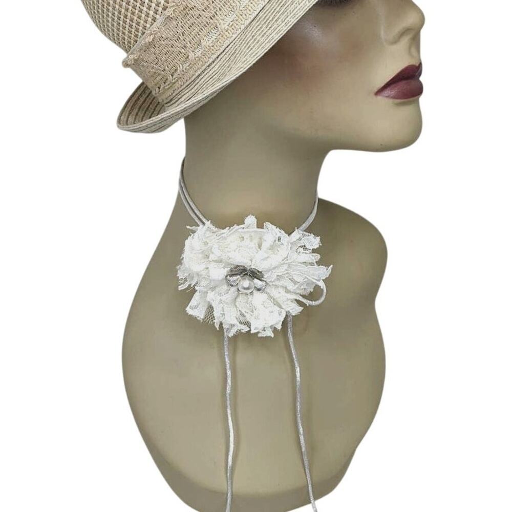 Artisan Vintage Lace Flower Choker Whimsical Cream Necklace Jewel Accent Center